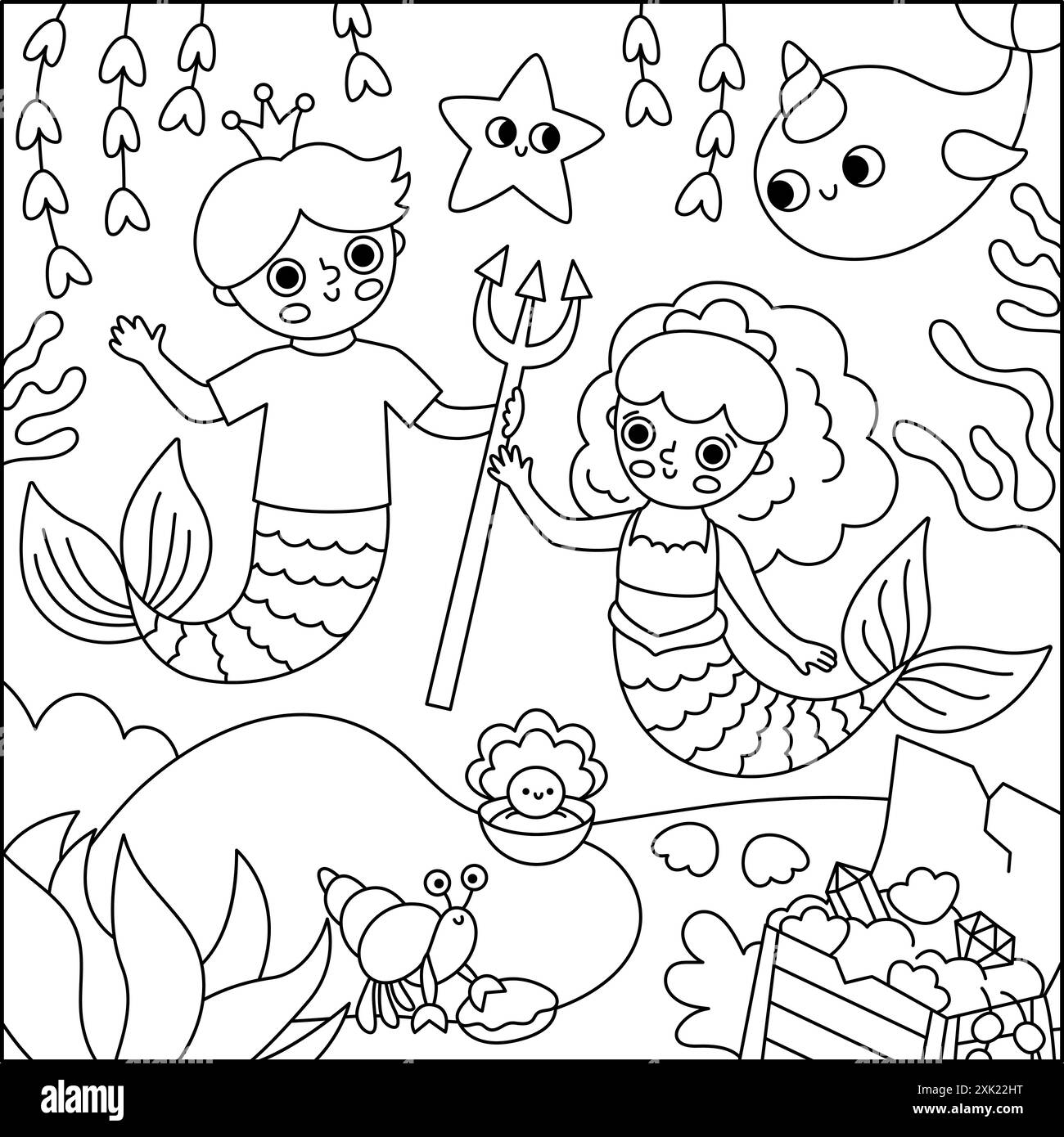 Illustration de paysage noir et blanc de vecteur avec sirène et garçon avec trident, couronne. Scène de ligne de Royaume d'océan ou de mer avec princesse marine, prince, Illustration de Vecteur