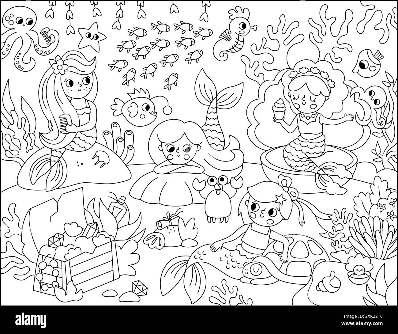 Illustration vectorielle de paysage noir et blanc avec des amis sirène. Océan ou scène de Royaume de mer avec algues, hippocampe, princesse marine, ch. trésors Illustration de Vecteur