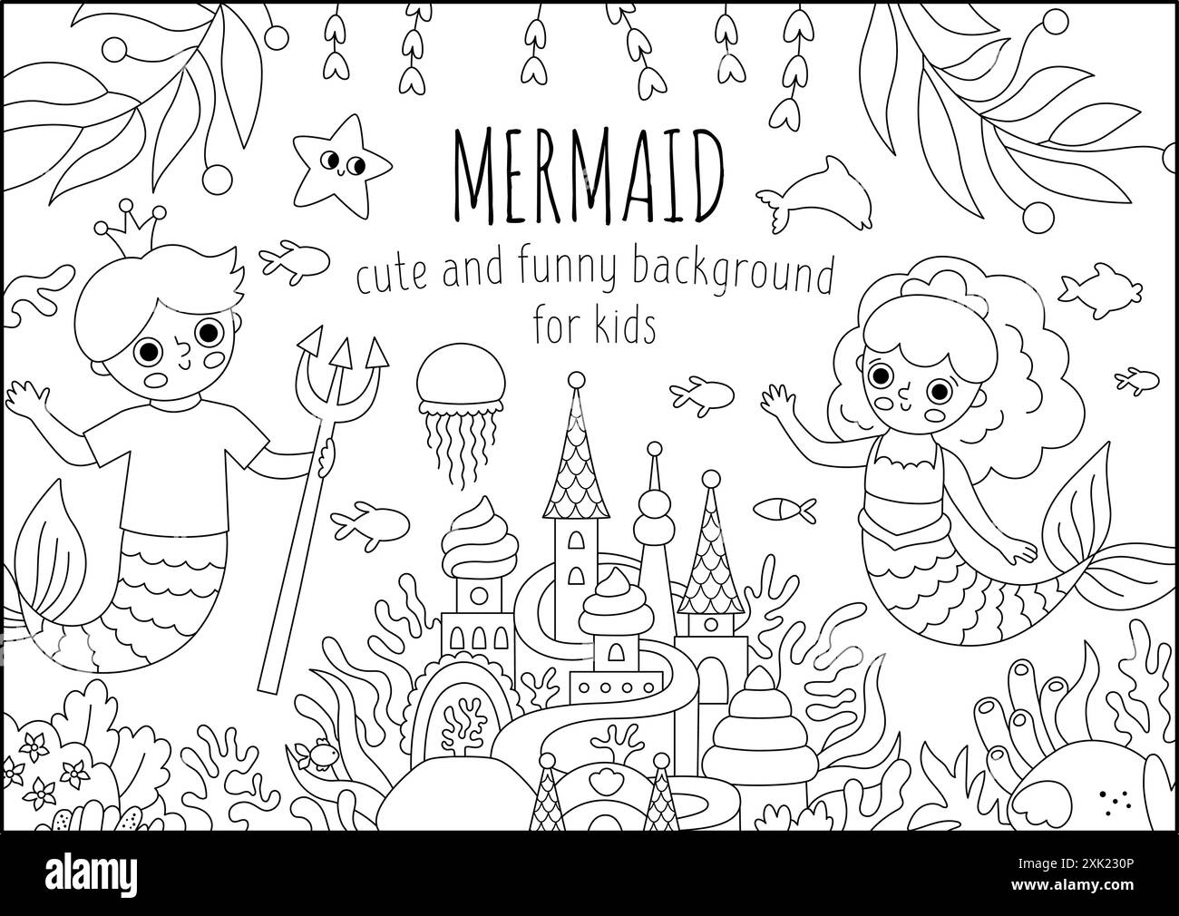 Illustration de paysage noir et blanc de vecteur avec sirène et garçon avec trident, couronne. Scène de ligne de Royaume d'océan ou de mer avec princesse marine, prince, Illustration de Vecteur