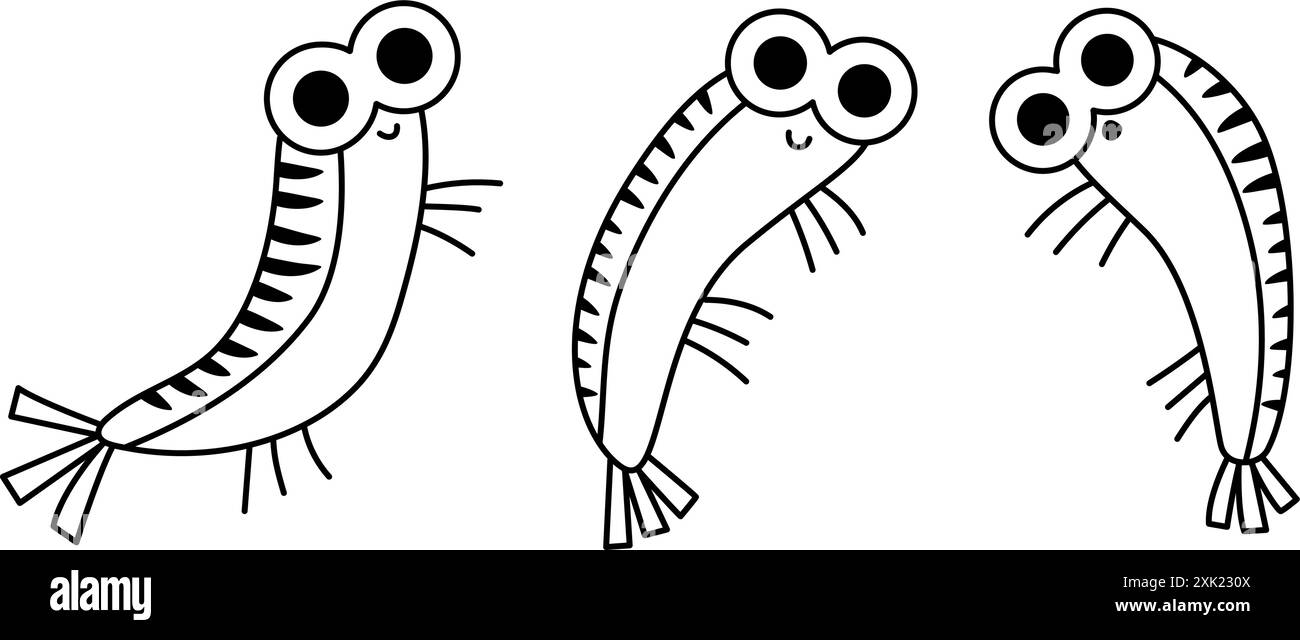 Ensemble d'icônes de crevettes noir et blanc de vecteur. Sous l'illustration de la ligne de mer ou la page à colorier avec des poissons de crevettes mignons. Clipart d'animaux océaniques. Cartoon Underwate Illustration de Vecteur