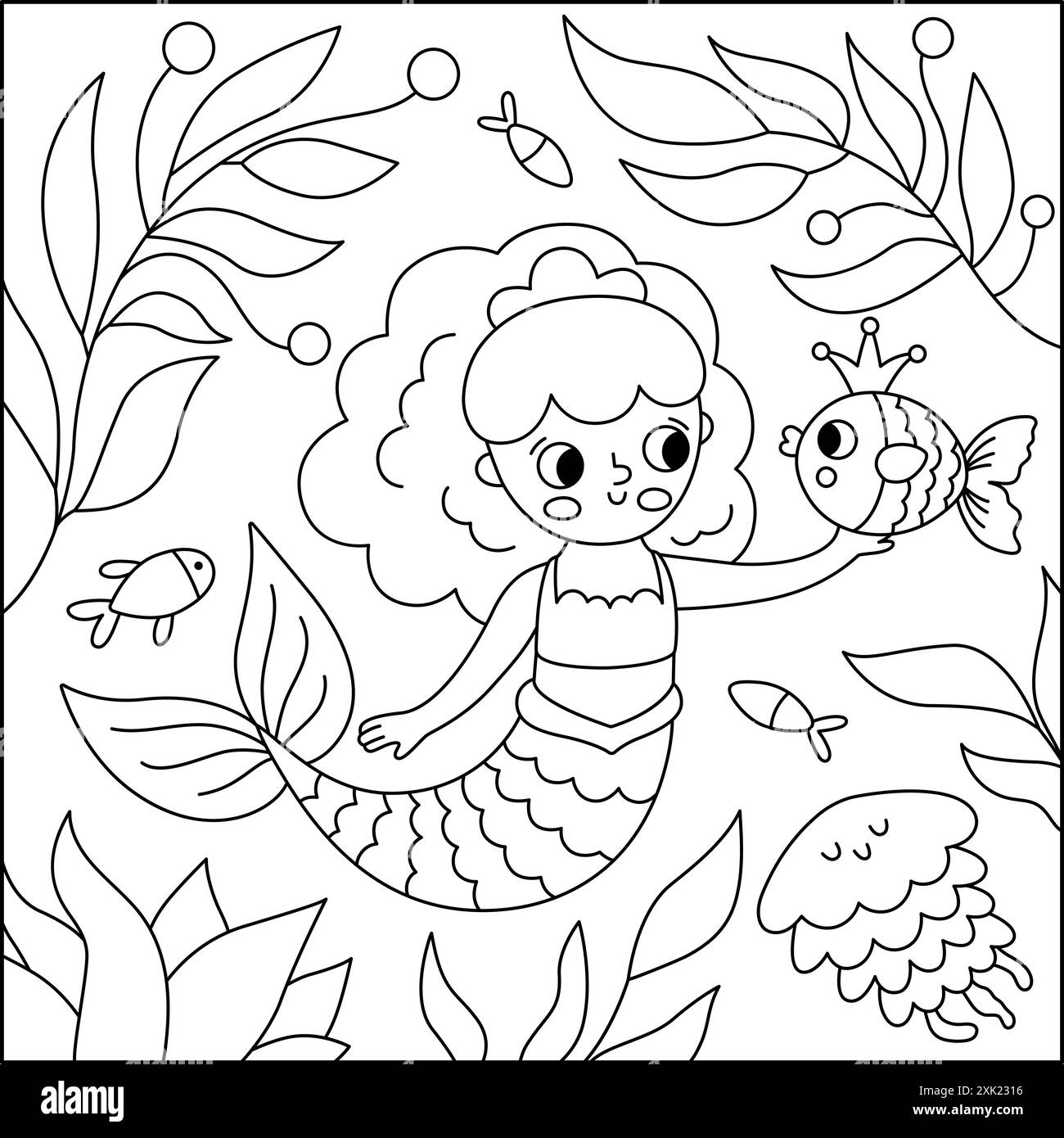 Illustration vectorielle de paysage noir et blanc avec sirène, poisson. Scène de ligne de Royaume d'océan ou de mer, coloriage avec des algues, méduses, prin marin Illustration de Vecteur