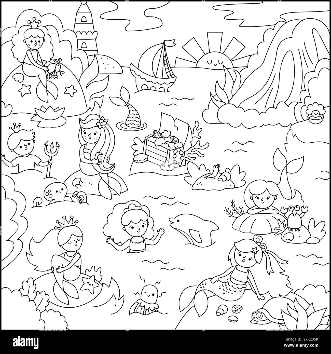 Illustration de paysage de sirène noire et blanche vectorielle. Prince marin et princesse page de coloriage lagon avec cascade, phare, bateau, ch. trésor Illustration de Vecteur