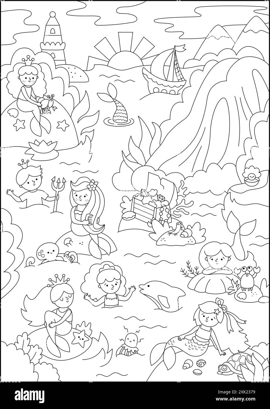 Illustration de paysage de terre de sirène noir et blanc de vecteur. Fond de lagon prince marin et princesse avec cascade, rochers, coffre au trésor. Fairyt Illustration de Vecteur