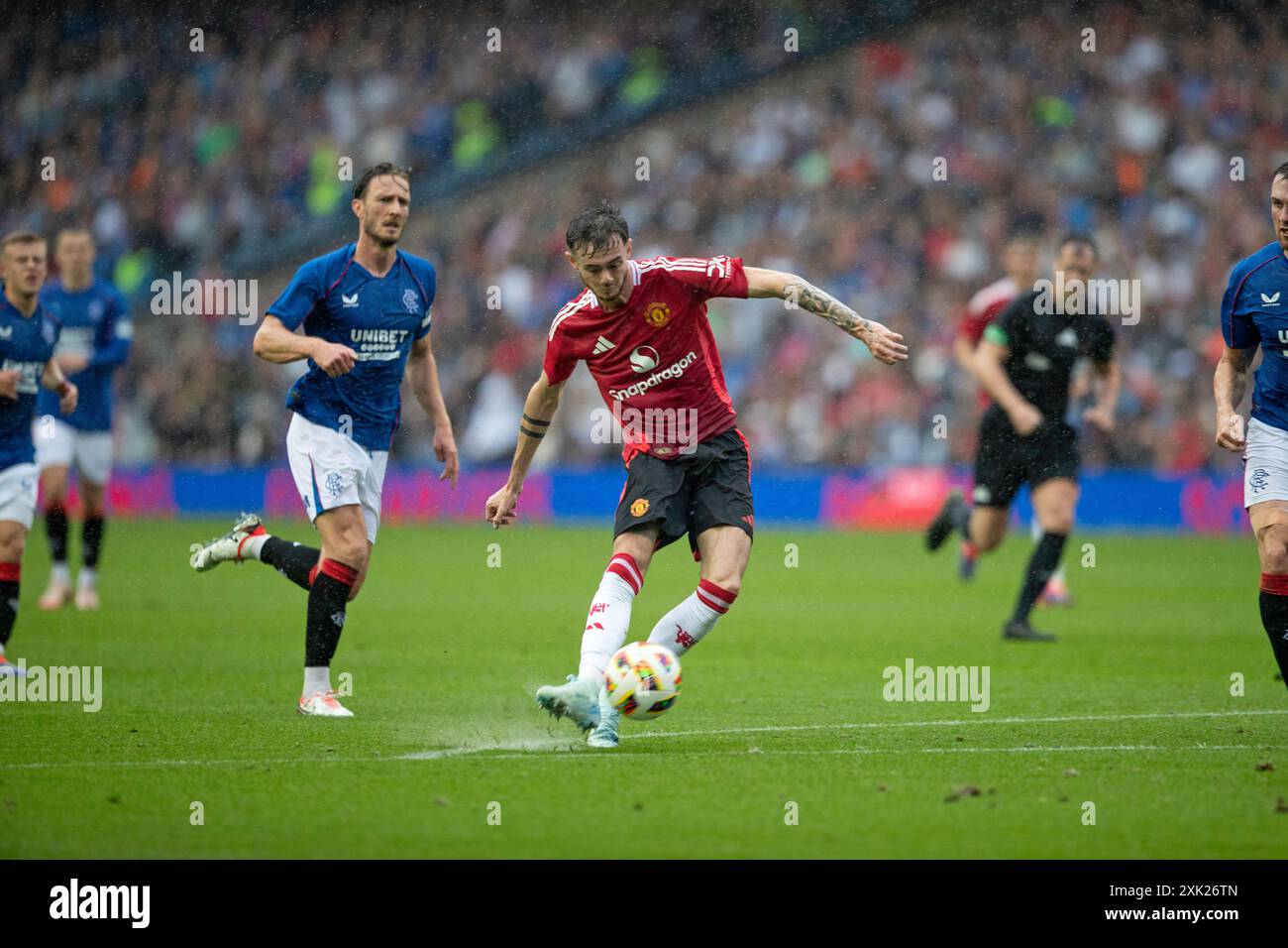 Édimbourg, Écosse, Royaume-Uni, 20 juillet 2024 - Joe Hugil célèbre après avoir marqué le deuxième but de Manchester United dans son amical contre les Rangers au Murrayfield Stadium, Édimbourg. - Crédit : Thomas Gorman/Alamy News Live Banque D'Images