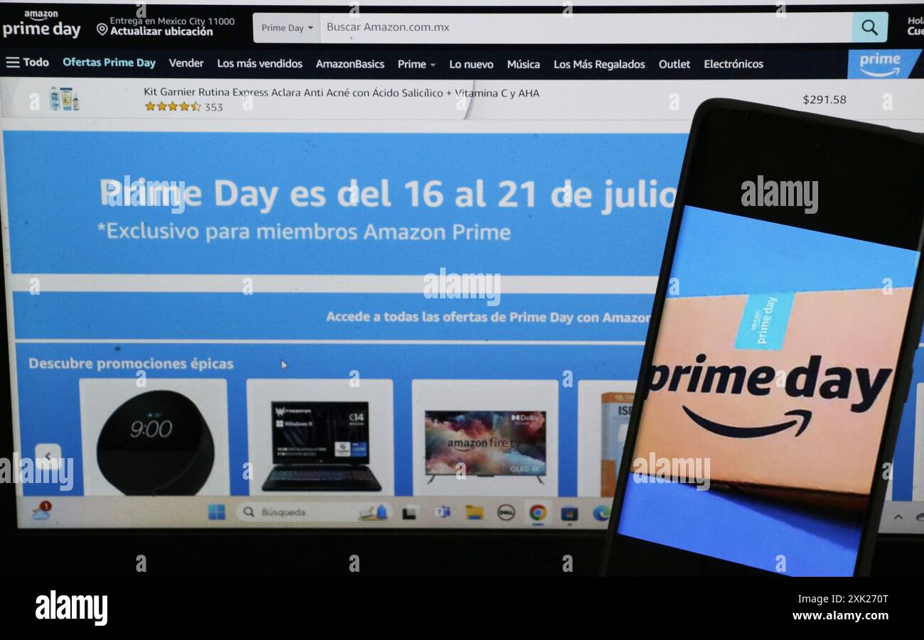 Dans cette illustration photo, la publicité Amazon est vue sur un ordinateur portable qui offre des promotions disponibles sur son site officiel pour célébrer sa dixième édition d'Amazon Prime Day du 16 au 21 juillet, pendant cette période, les membres Amazon Prime ont accès à des offres incroyables. Le 19 juillet 2024 à Mexico, Mexique. (Photo de Jose Luis Torales/ Eyepix Group (crédit image : © Jose Luis Torales/eyepix via ZUMA Press Wire) USAGE ÉDITORIAL SEULEMENT! Non destiné à UN USAGE commercial ! Banque D'Images