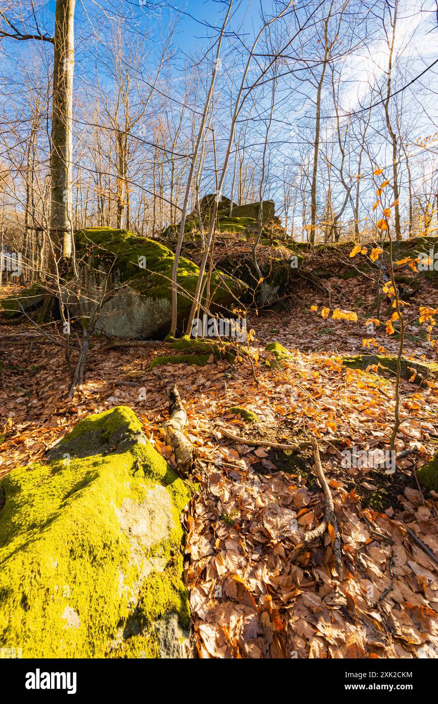 Peu de formations rocheuses petites et géantes à côté du sentier de montagne à la journée ensoleillée en hiver Banque D'Images