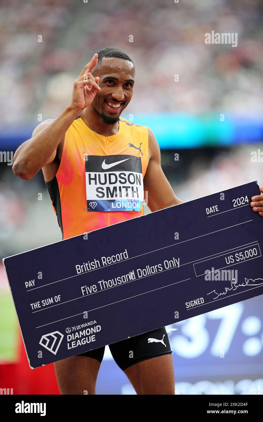 Londres, Royaume-Uni. 20 juillet 2024. Matthew HUDSON-SMITH (Grande-Bretagne) après avoir remporté et battu le record britannique du 400m masculin en 2024, IAAF Diamond League, London Stadium, Queen Elizabeth Olympic Park, Stratford, Londres, Royaume-Uni. Crédit : Simon Balson/Alamy Live News Banque D'Images