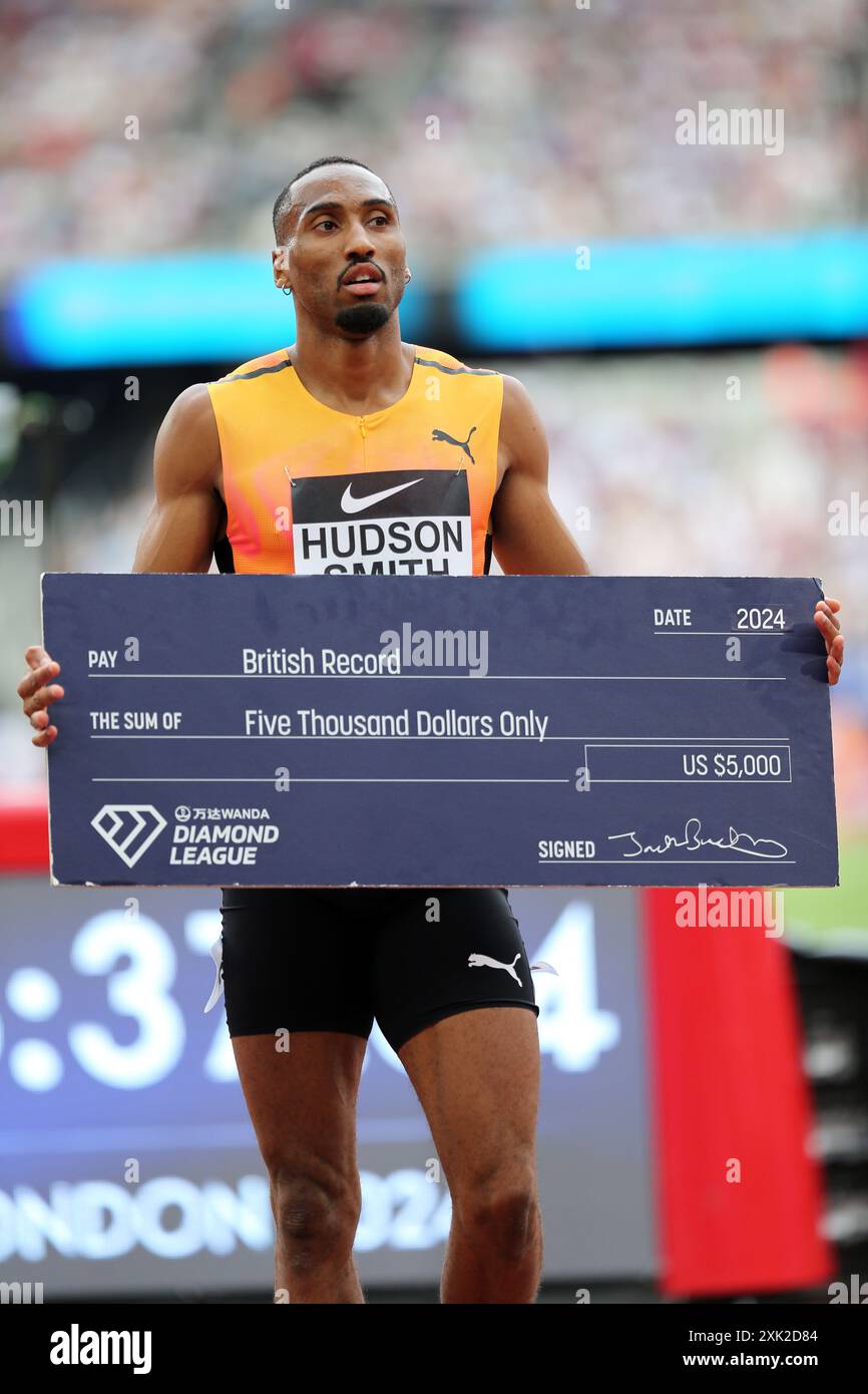 Londres, Royaume-Uni. 20 juillet 2024. Matthew HUDSON-SMITH (Grande-Bretagne) après avoir remporté et battu le record britannique du 400m masculin en 2024, IAAF Diamond League, London Stadium, Queen Elizabeth Olympic Park, Stratford, Londres, Royaume-Uni. Crédit : Simon Balson/Alamy Live News Banque D'Images