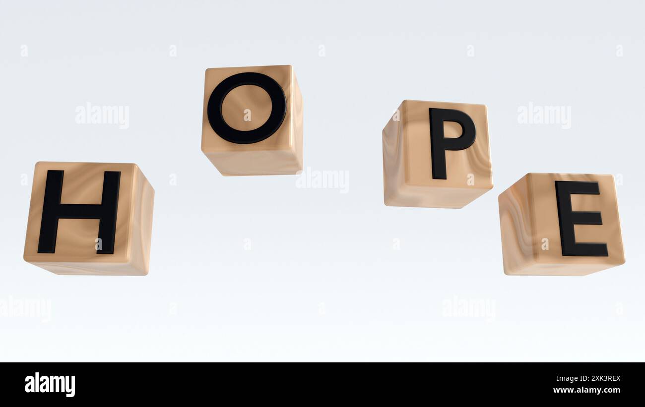 Un rendu 3D de quatre cubes de bois isolés, chacun avec une lettre du mot "ESPOIR" , disposés dans une composition ludique et dynamique. Banque D'Images