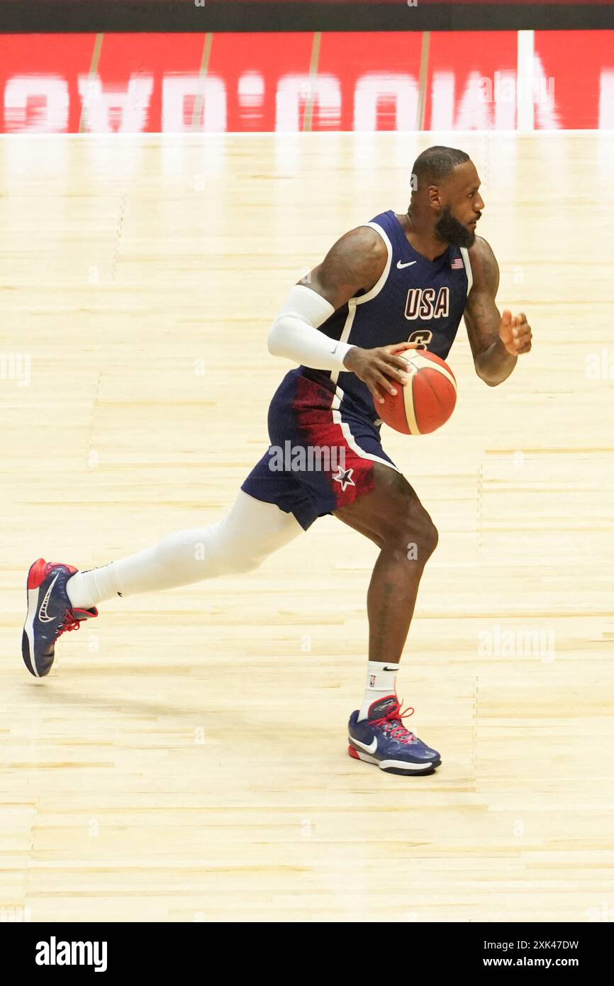 Londres, Royaume-Uni. 20 juillet 2024. LeBron JamesTeam USA lors du match amical international de basket-ball entre les États-Unis et le Soudan du Sud le 20 juillet 2024 à O2 Arena à Londres, Royaume-Uni. Photo de Laurent Lairys/ABACAPRESS. COM Credit : Abaca Press/Alamy Live News Banque D'Images