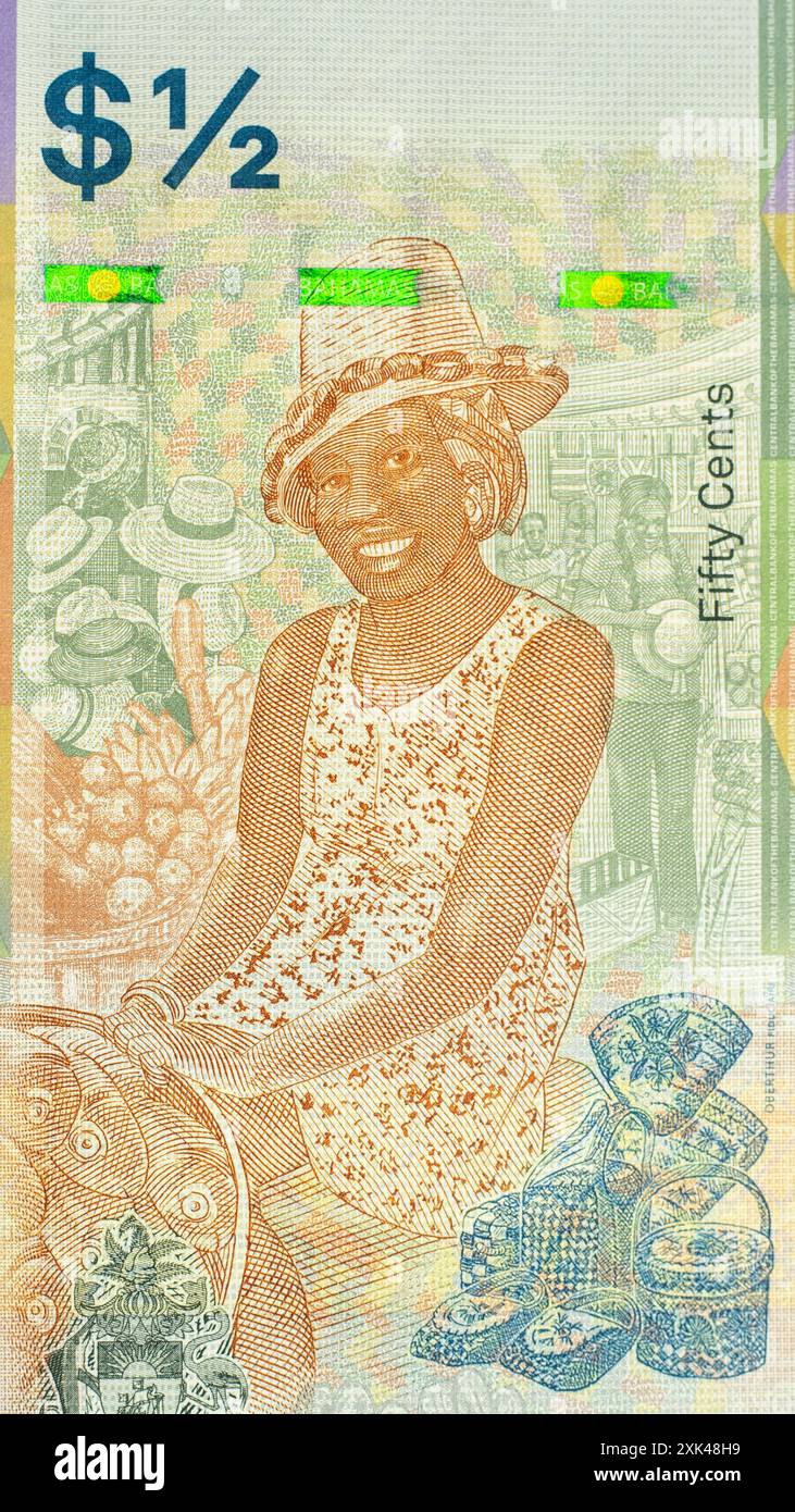 Billet de 50 cents, Banque des Bahamas, gros plan fragment de billet montre femme, sœur Sarah au marché de Nassau Banque D'Images