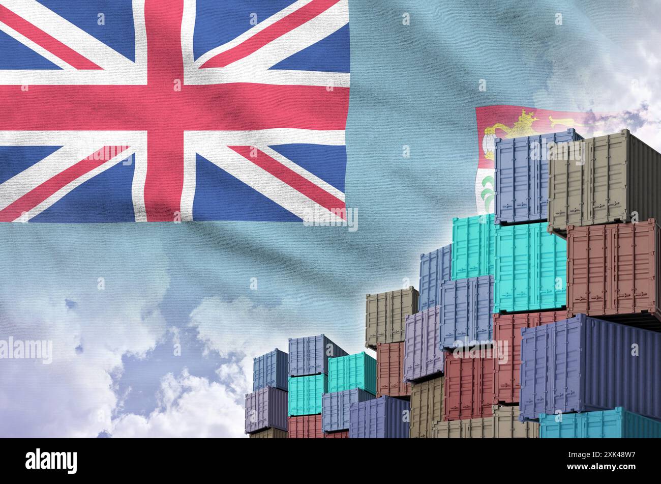 Drapeau de Fidji et grande pile de conteneurs de fret maritime dans les docks avec fond de ciel en gros plan Banque D'Images