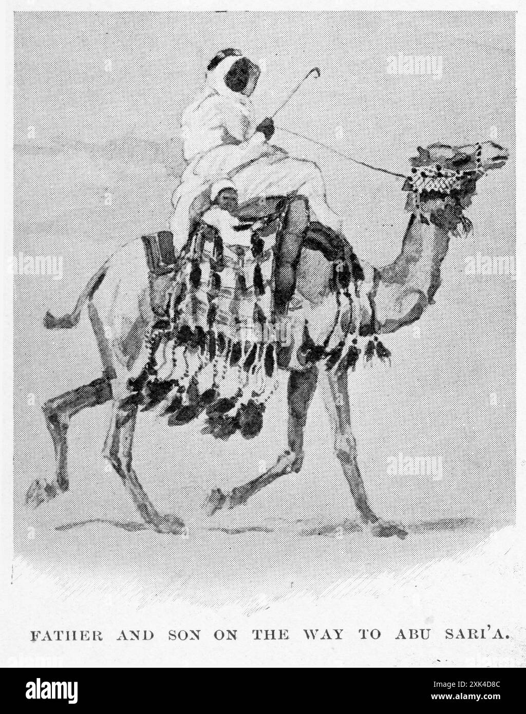 Demi-teinte d'un membre de la tribu arabe et de son fils voyageant à travers le désert à dos de chameau, publiée dans Windsor magazine 1914 Banque D'Images