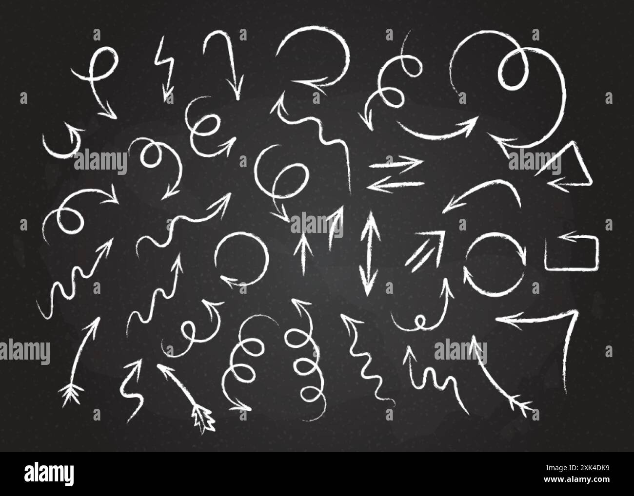 Illustration vectorielle esquissée de flèches grunge. Flèches blanches tordues et enroulées de style craie dessinées à la main, pointeurs de doodle en spirale et courbés isolés sur b. Illustration de Vecteur