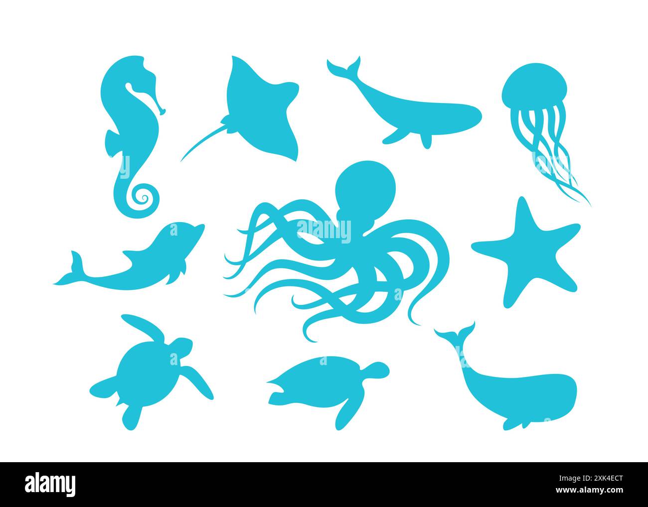 Illustration vectorielle d'ensemble de contour d'animaux marins. Silhouettes isolées de mammifères marins et collection de poissons sur fond blanc. Baleine bleue, poulpe Illustration de Vecteur