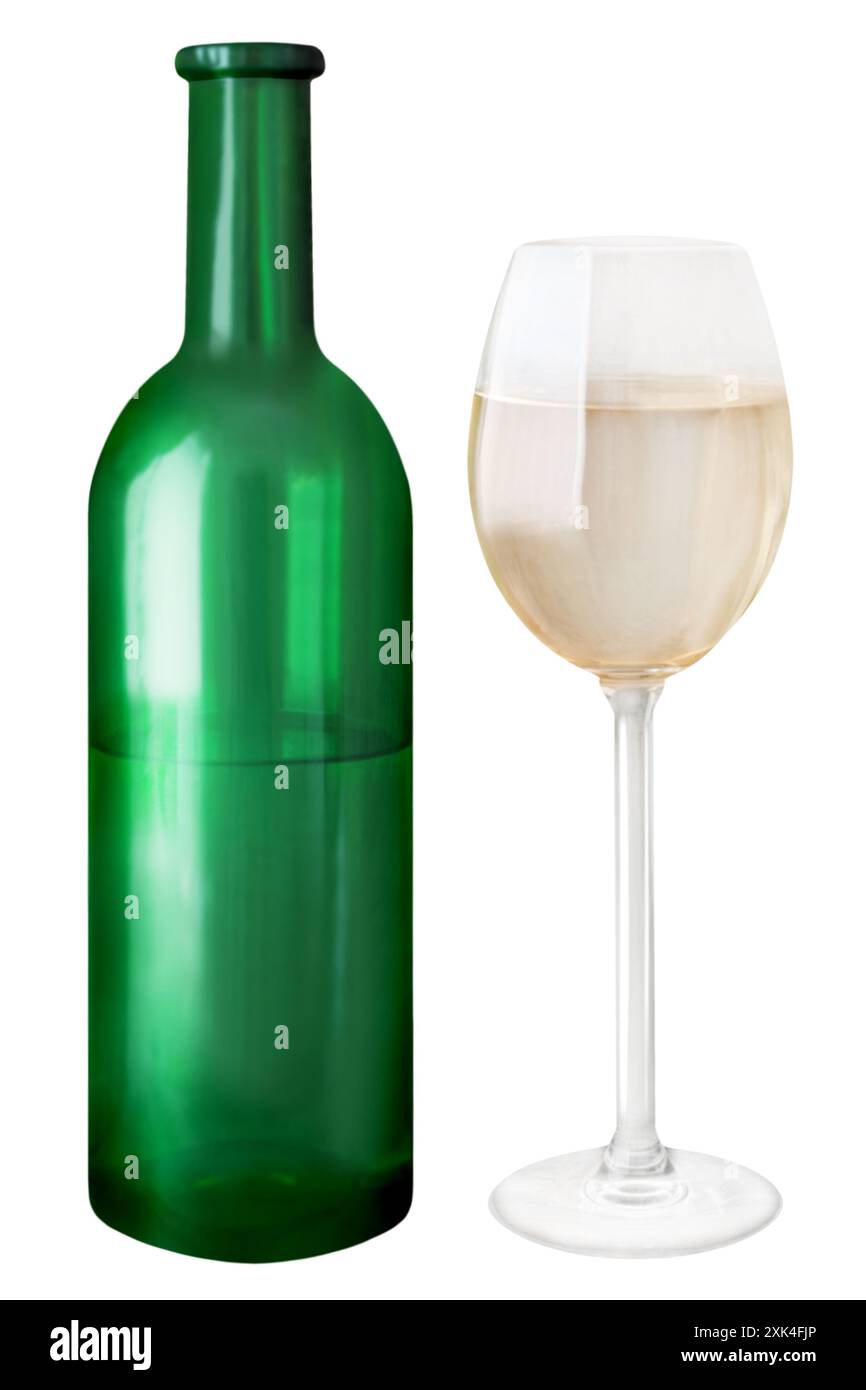 Une bouteille de vin blanc et verre isolé sur fond blanc Banque D'Images