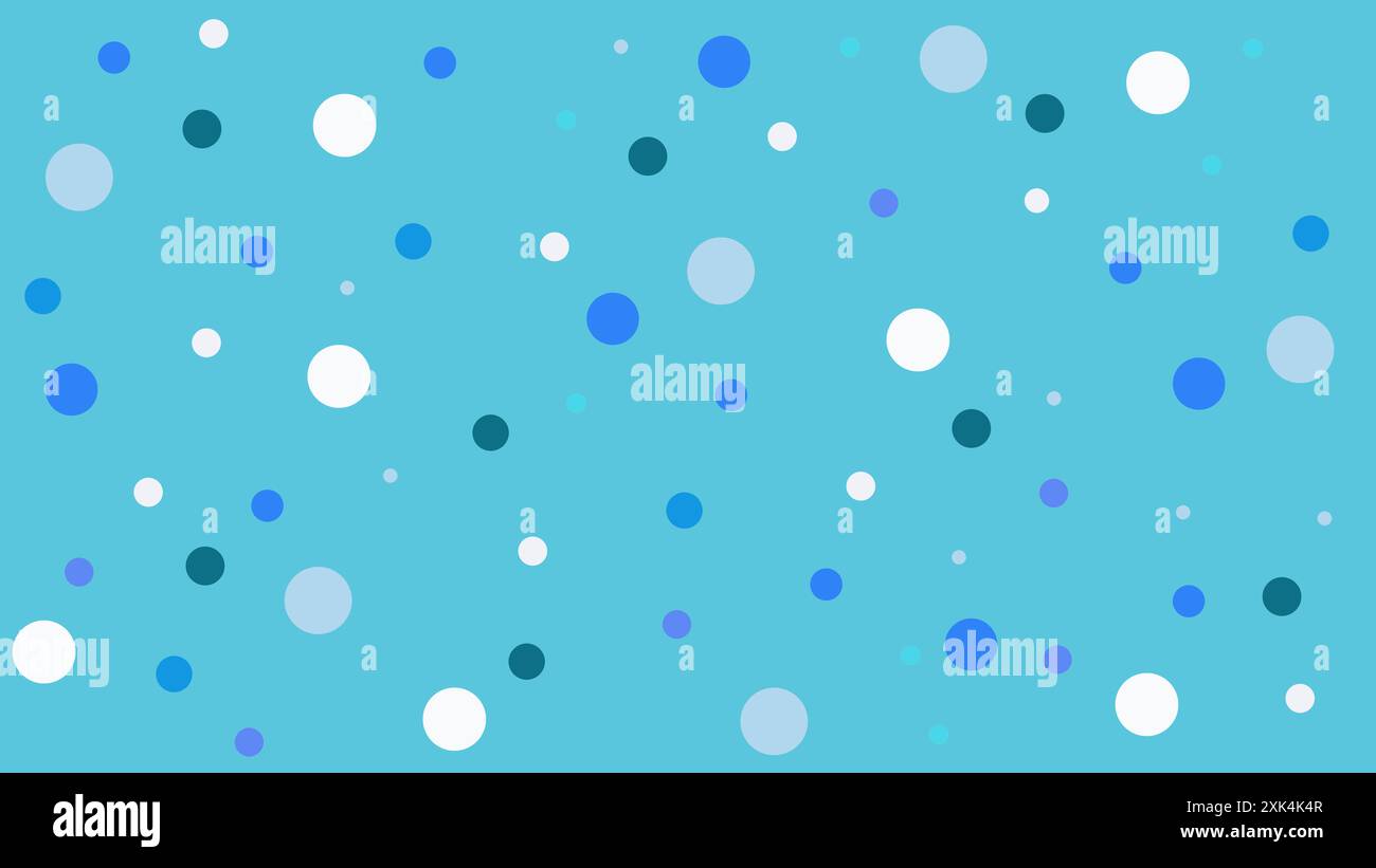 Fond bleu clair avec des pois dispersés dans différentes nuances de bleu et de noir, créant un design ludique et vibrant. Style naïf Banque D'Images