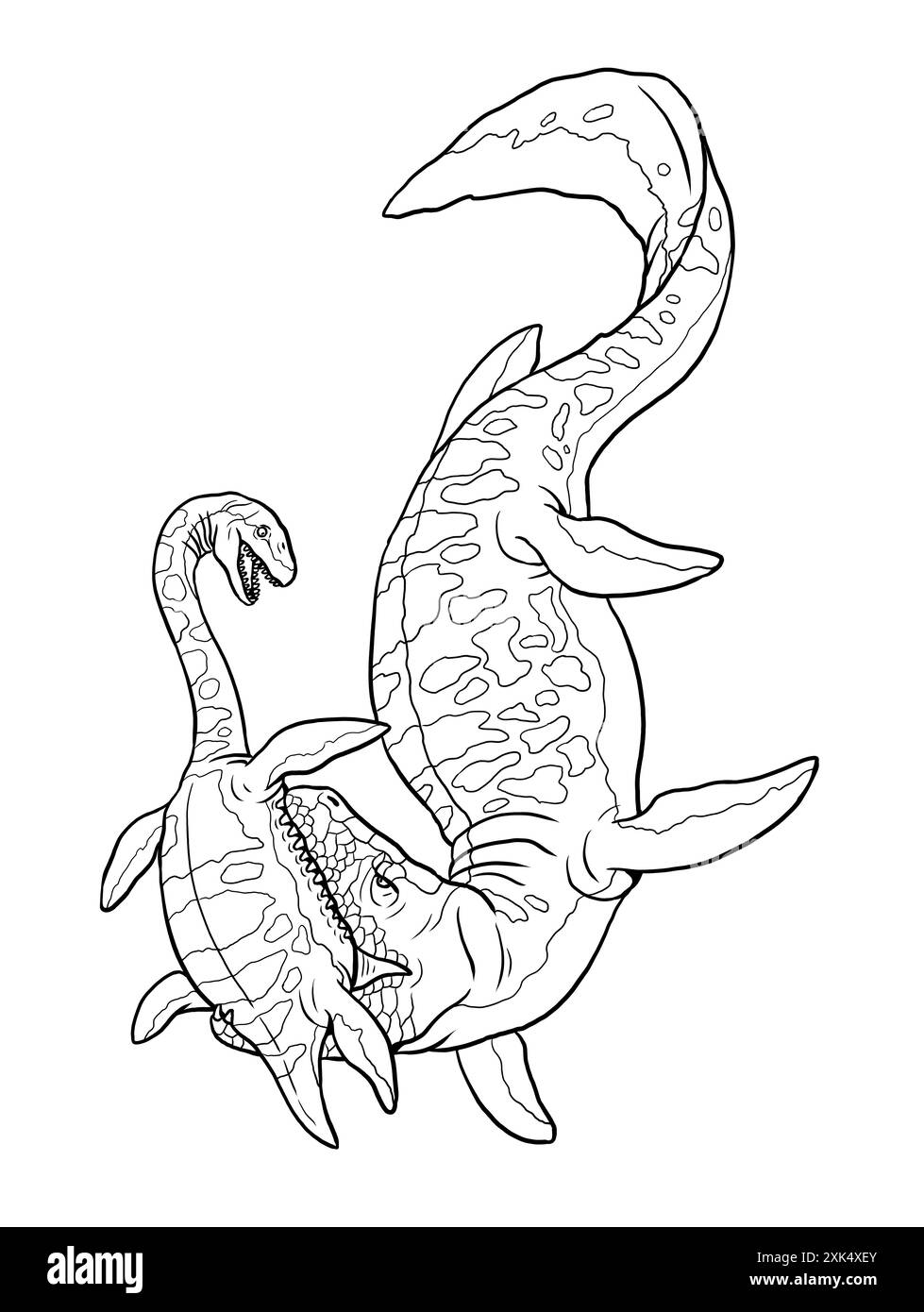 Combat entre deux dinosaures sous-marins. Mosasaurus attaque le Plesiosaurus. Coloriage avec des animaux préhistoriques. Banque D'Images