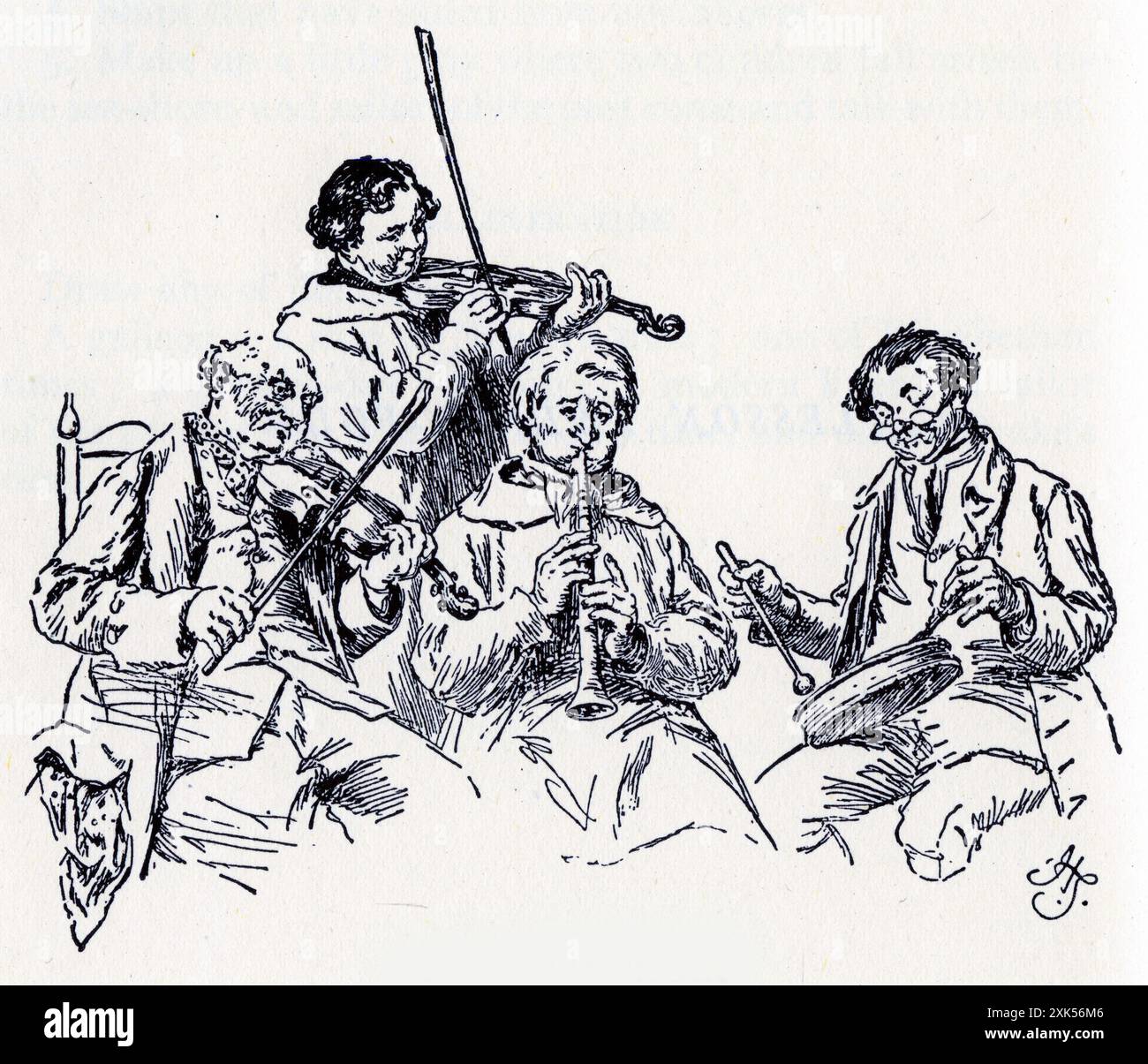 Gravure d'un ensemble victorien, comprenant des hommes aux violons ; clarinette et tambour ; vers 1880 Banque D'Images