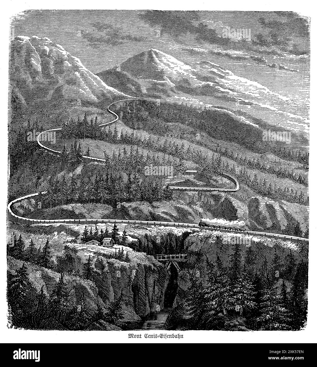 Le chemin de fer du Mont Cenis, construit au XIXe siècle, était un chemin de fer de montagne pionnier qui reliait la France et l'Italie. Ouvert en 1868, il utilisait le système ferroviaire de Fell Mountain, avec un rail central pour une traction supplémentaire sur les pentes abruptes. La ligne traversait le terrain difficile du col du Mont Cenis dans les Alpes, améliorant considérablement le transport et le commerce entre les deux pays. Bien que finalement remplacée par le tunnel du Mont Cenis, cette merveille d'ingénierie a mis en valeur l'esprit innovant de l'époque et a considérablement influencé le développement des chemins de fer alpins Banque D'Images