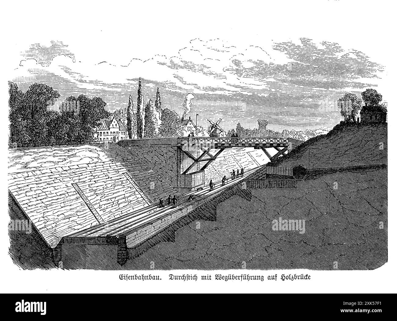 La construction de chemins de fer au XIXe siècle impliquait souvent la création de passages de rue avec des ponts en bois pour assurer un transport fluide et une perturbation minimale des zones urbaines. Ces ponts en bois ont été construits pour permettre aux rues de passer au-dessus des voies ferrées, fournissant une solution sûre et efficace pour le trafic ferroviaire et urbain. Les ponts étaient généralement construits à l'aide de poutres en bois robustes, conçues pour supporter le poids des véhicules et des piétons. Cette combinaison d'ingénierie ferroviaire et d'urbanisme souligne l'engagement de l'époque Banque D'Images