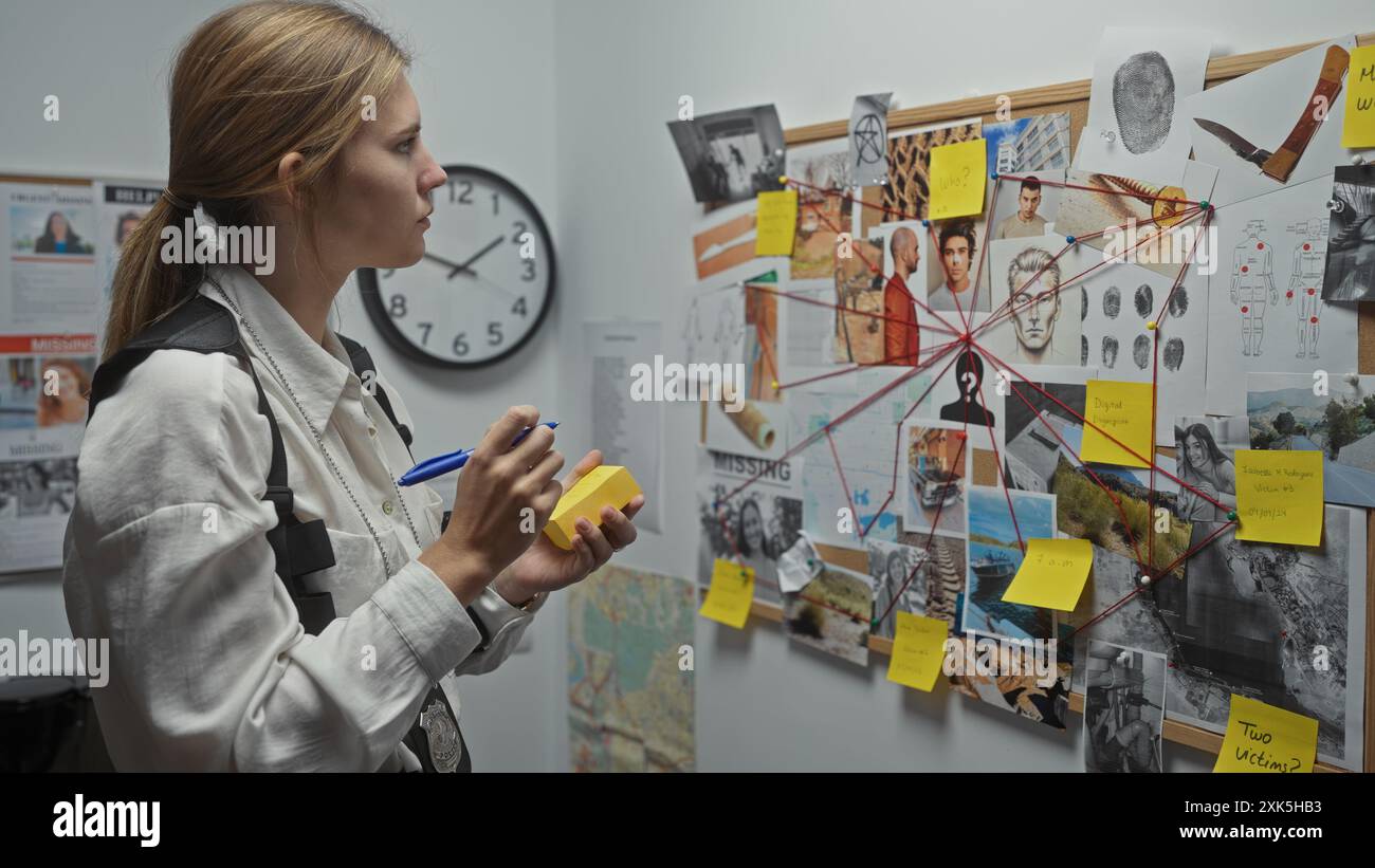 Femme blonde analyse un conseil de crime avec des photos, des notes et des preuves au poste de police. Banque D'Images