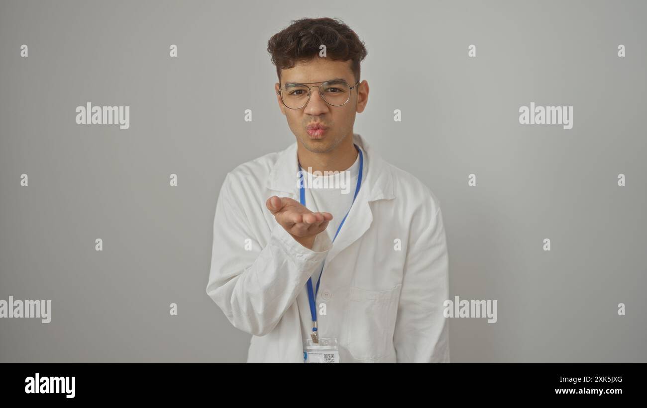 Beau jeune homme hispanique souffle un baiser tout en étant isolé sur un fond blanc, portant des lunettes et une blouse de laboratoire blanche avec un badge d'identification. Banque D'Images