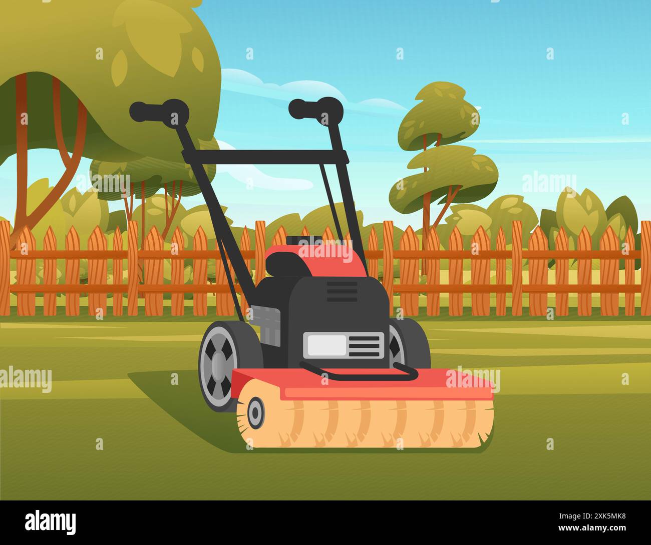 Outil de nettoyage pour balayeuse de jardin. Aspirateur de jardinage de couleur rouge avec brosse. Illustration vectorielle de l'outil de nettoyage. Illustration de Vecteur
