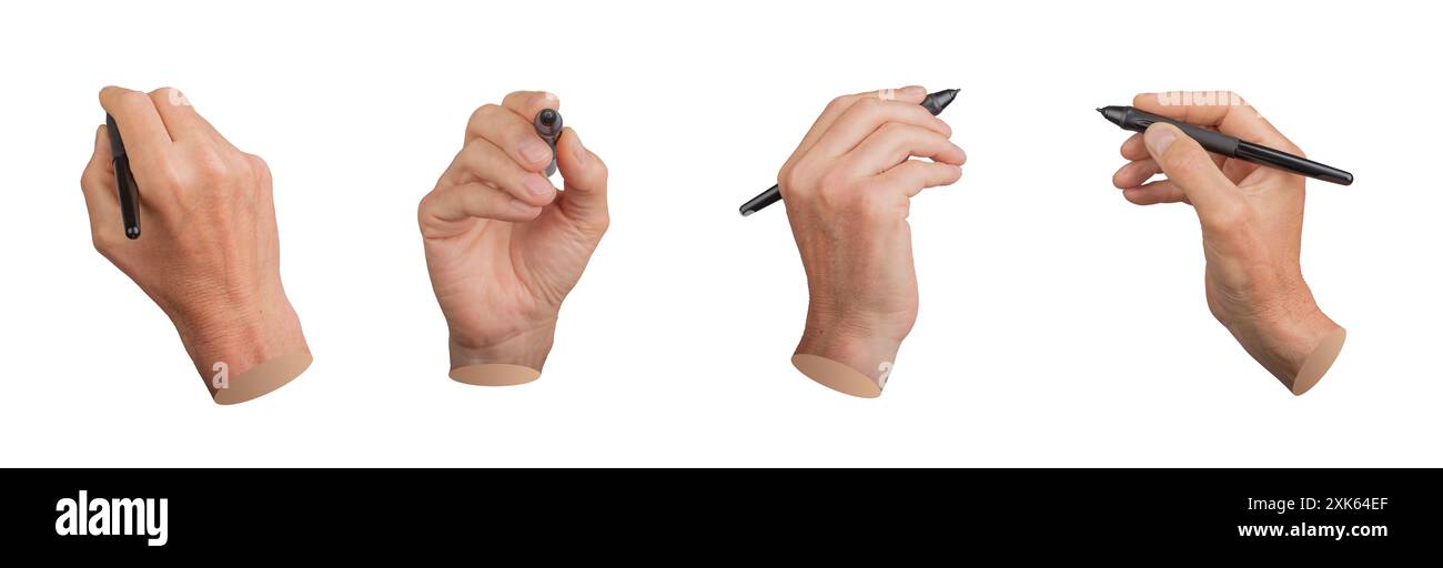 Stylo tenant la main, stylet pour l'écriture manuscrite, dessin, ensemble isolé sur fond blanc.. Banque D'Images