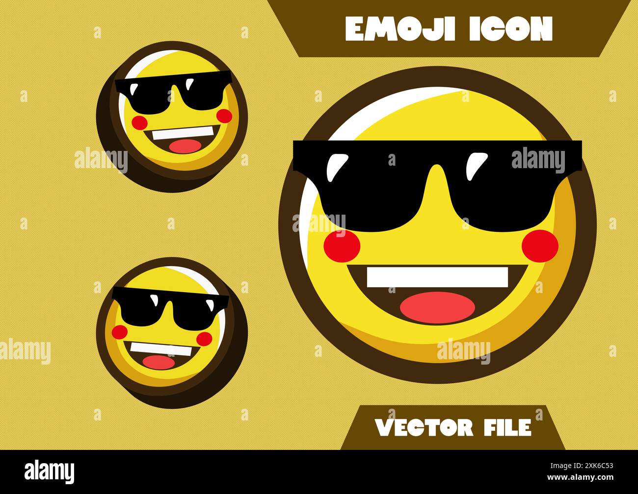 Émoticône de haute qualité avec lunettes de soleil. Vecteur emoji. Visage souriant cool avec illustration vectorielle de lunettes de soleil. Visage jaune avec un large sourire vêtu de noir Illustration de Vecteur