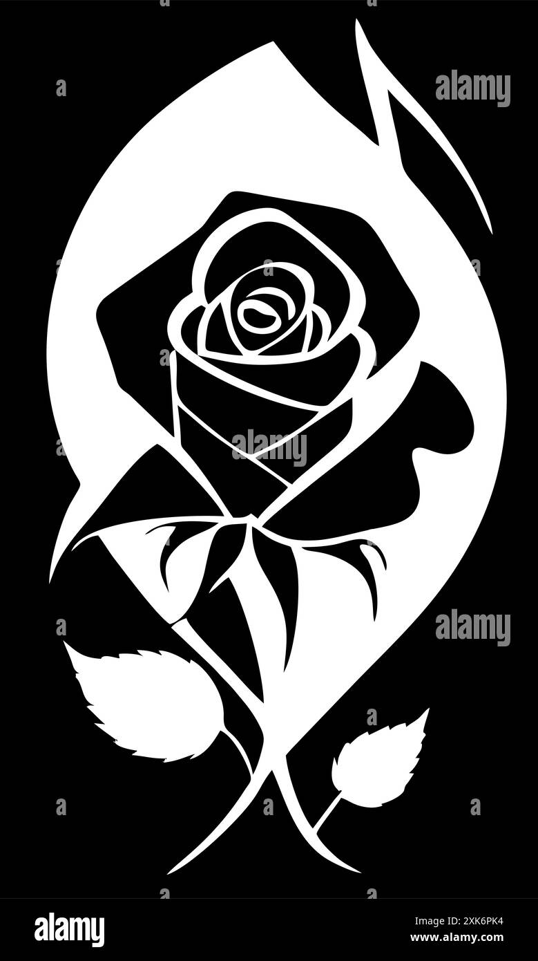 dessin graphique noir d'une fleur de rose avec des feuilles, monochrome, élément décoratif Banque D'Images