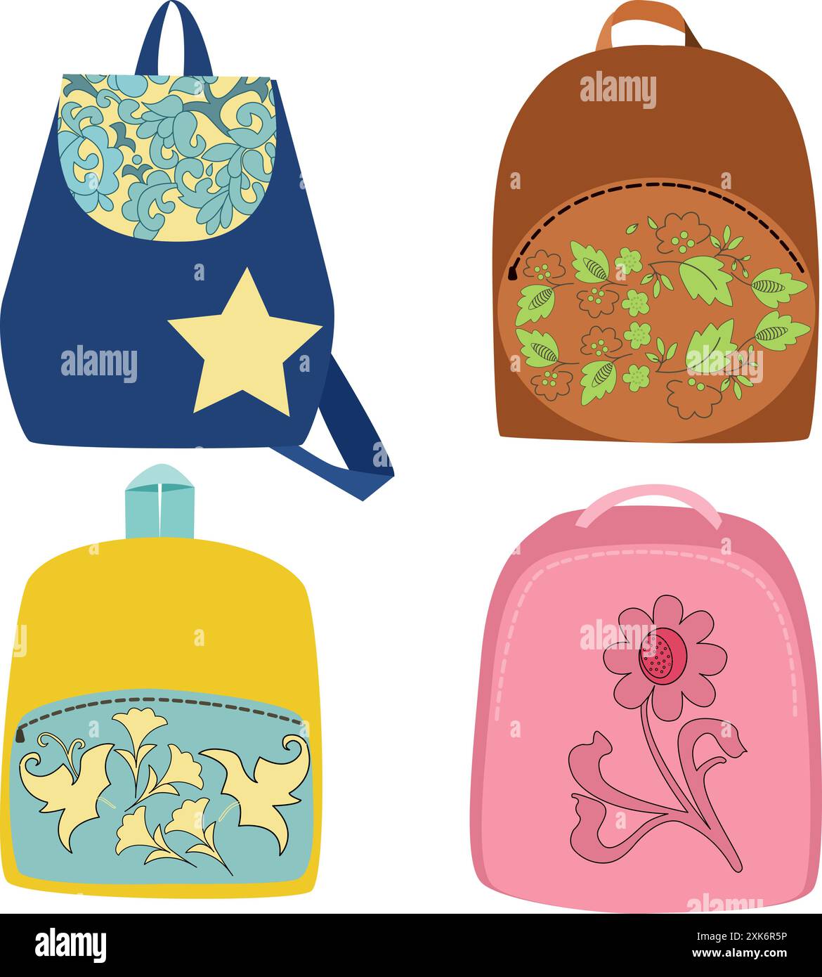 Sacs à dos colorés et bagages cartables pour enfants et étudiants. Illustration de Vecteur