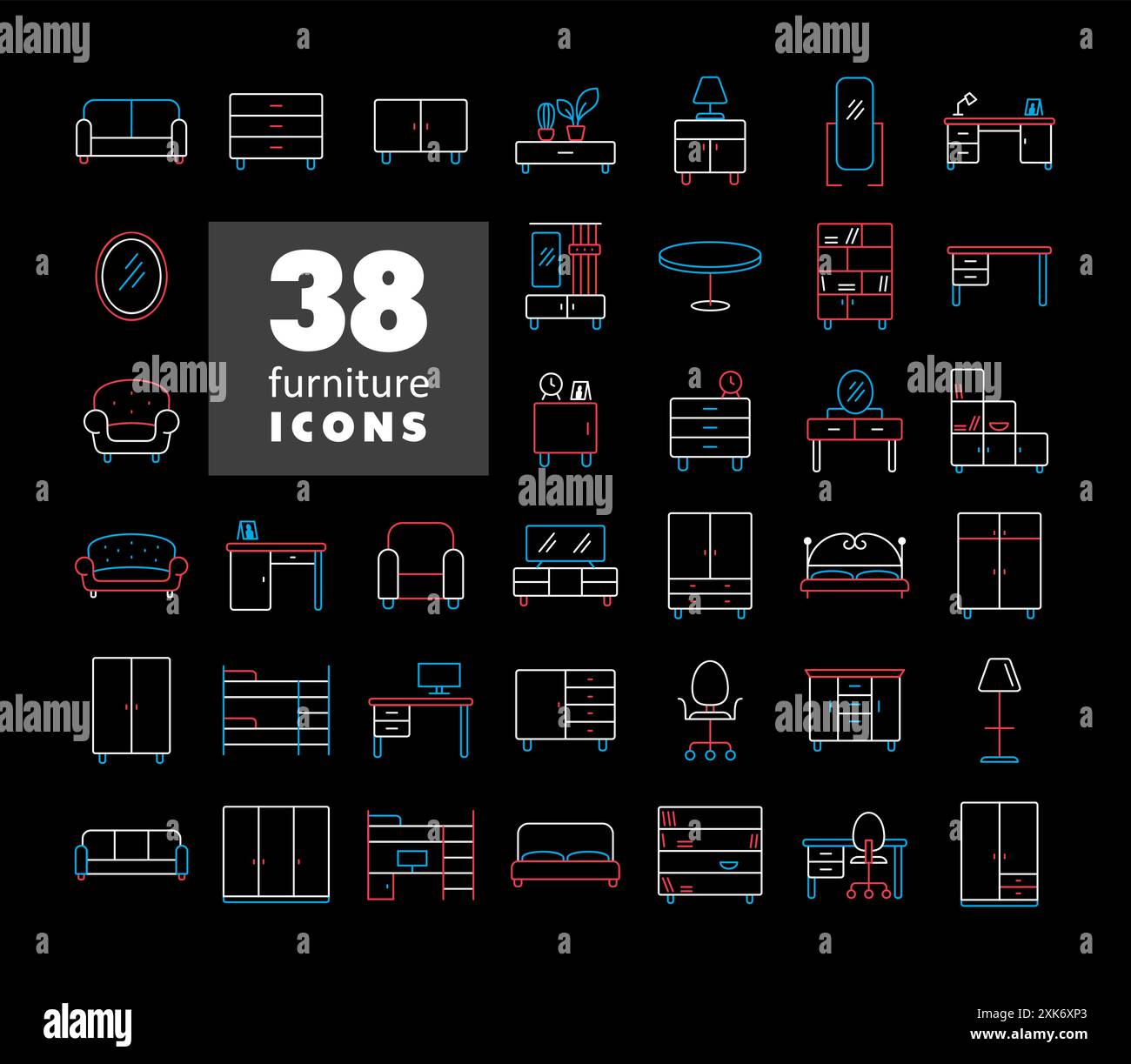 Ensemble simple de vecteur de meubles sur l'icône de fond noir. Symbole graphique pour meubles, conception de site Web et d'applications, logo, application, interface utilisateur Illustration de Vecteur