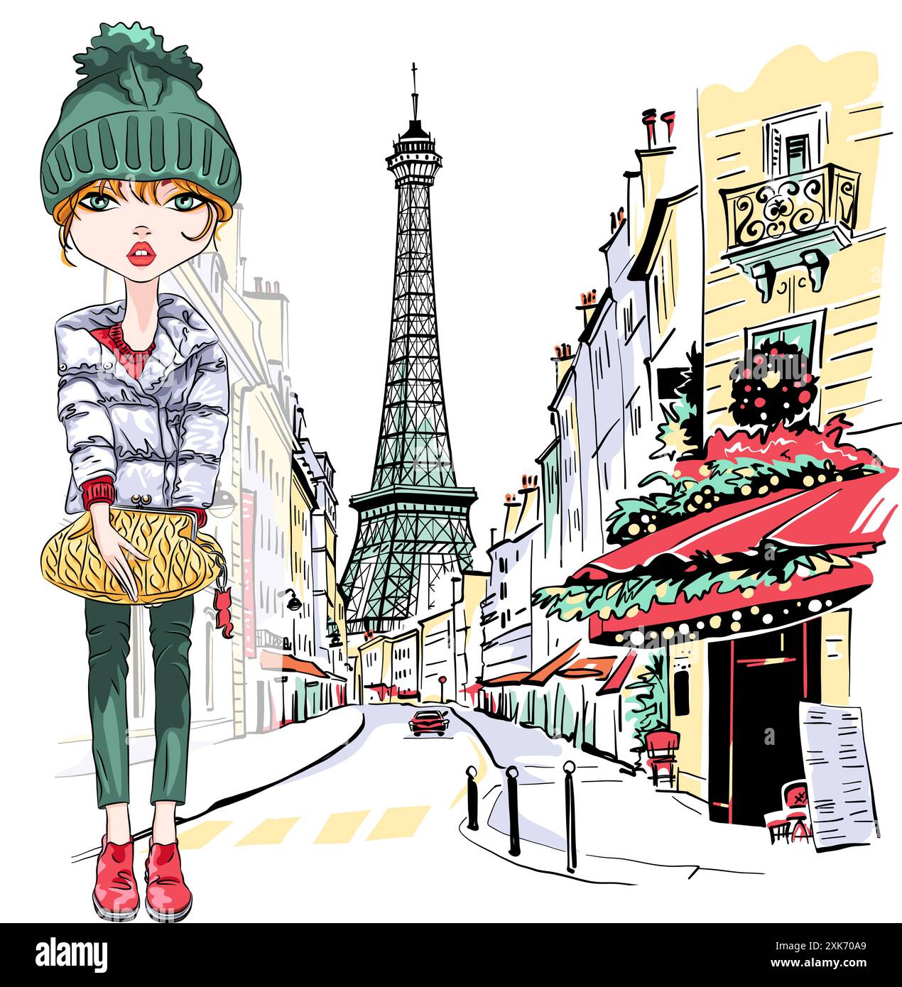 Fille de vecteur sur la rue de Paris avec café de rue et Tour Eiffel en arrière-plan, Paris, France Illustration de Vecteur