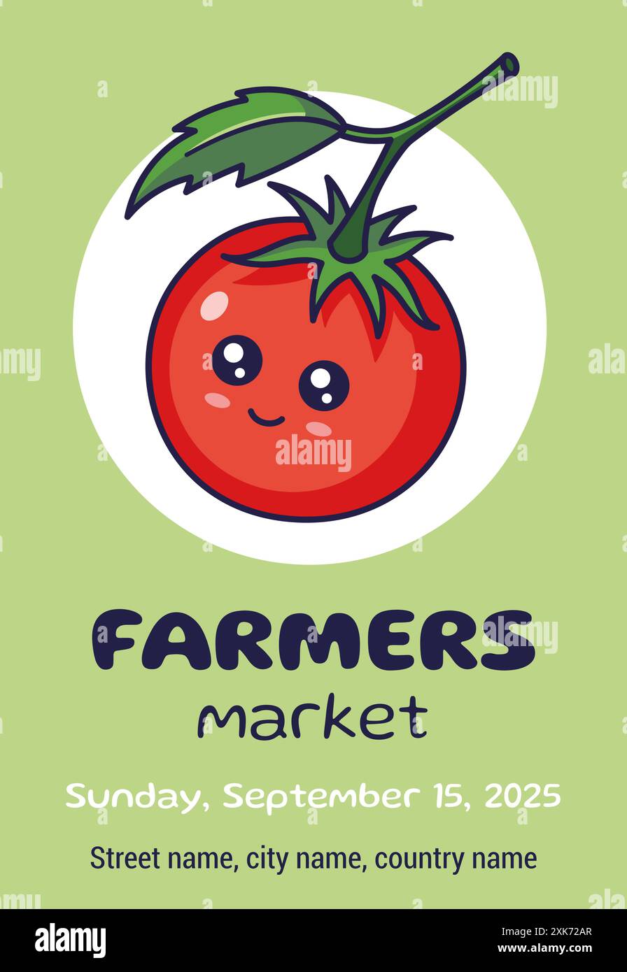 Flyer de marché des agriculteurs avec caractère de tomate Kawaii. Conception plate. Affiche publicitaire, bannière. Concept de marché agricole. Illustration de Vecteur