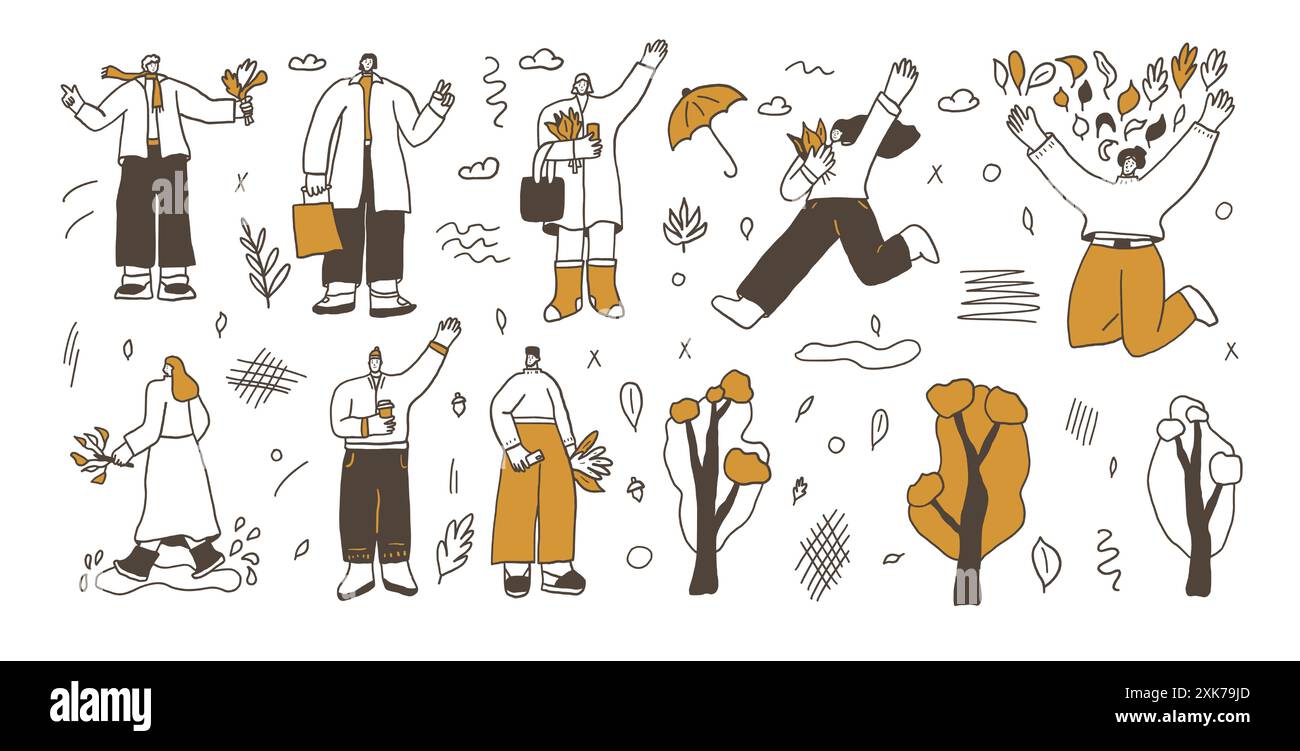 Ensemble de gens marchant dans le parc d'automne. Personnages avec feuilles d'automne. Illustration de collection de doodle dessinée à la main vectorielle sur fond blanc. Illustration de Vecteur