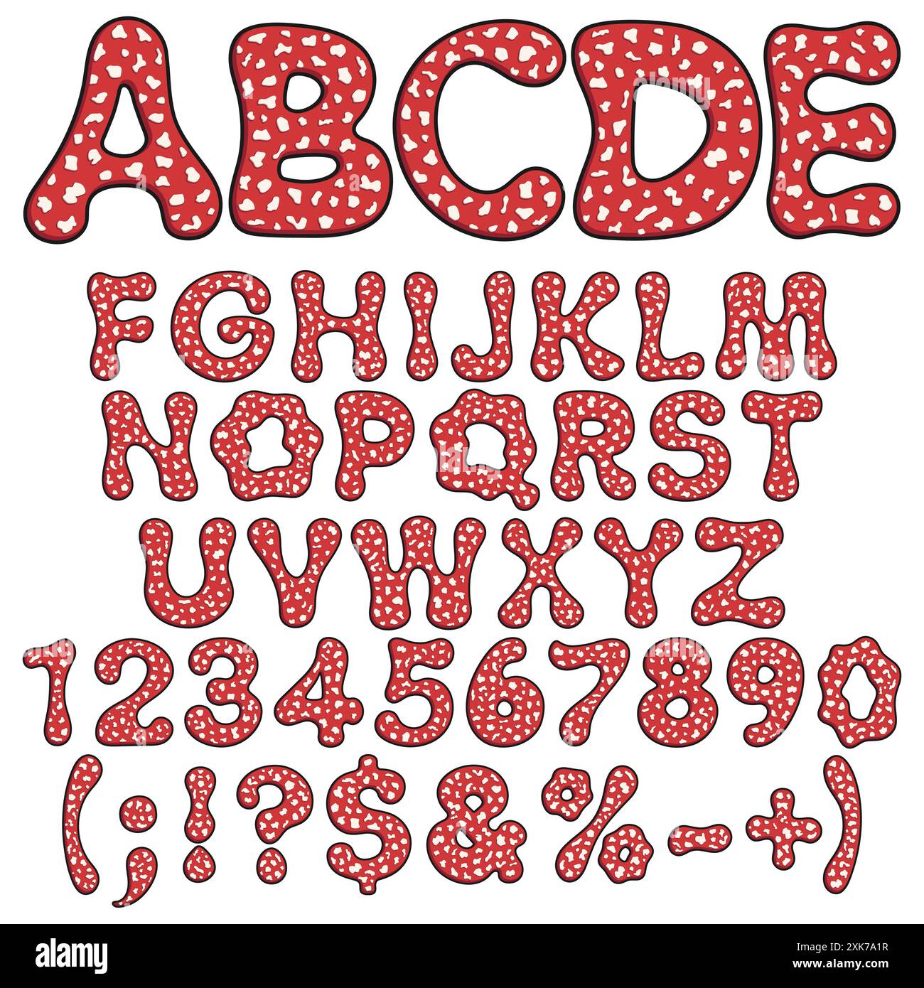 Alphabet, lettres, chiffres et signes du champignon agarique à la mouche. Objets vectoriels isolés sur fond blanc. Illustration de Vecteur