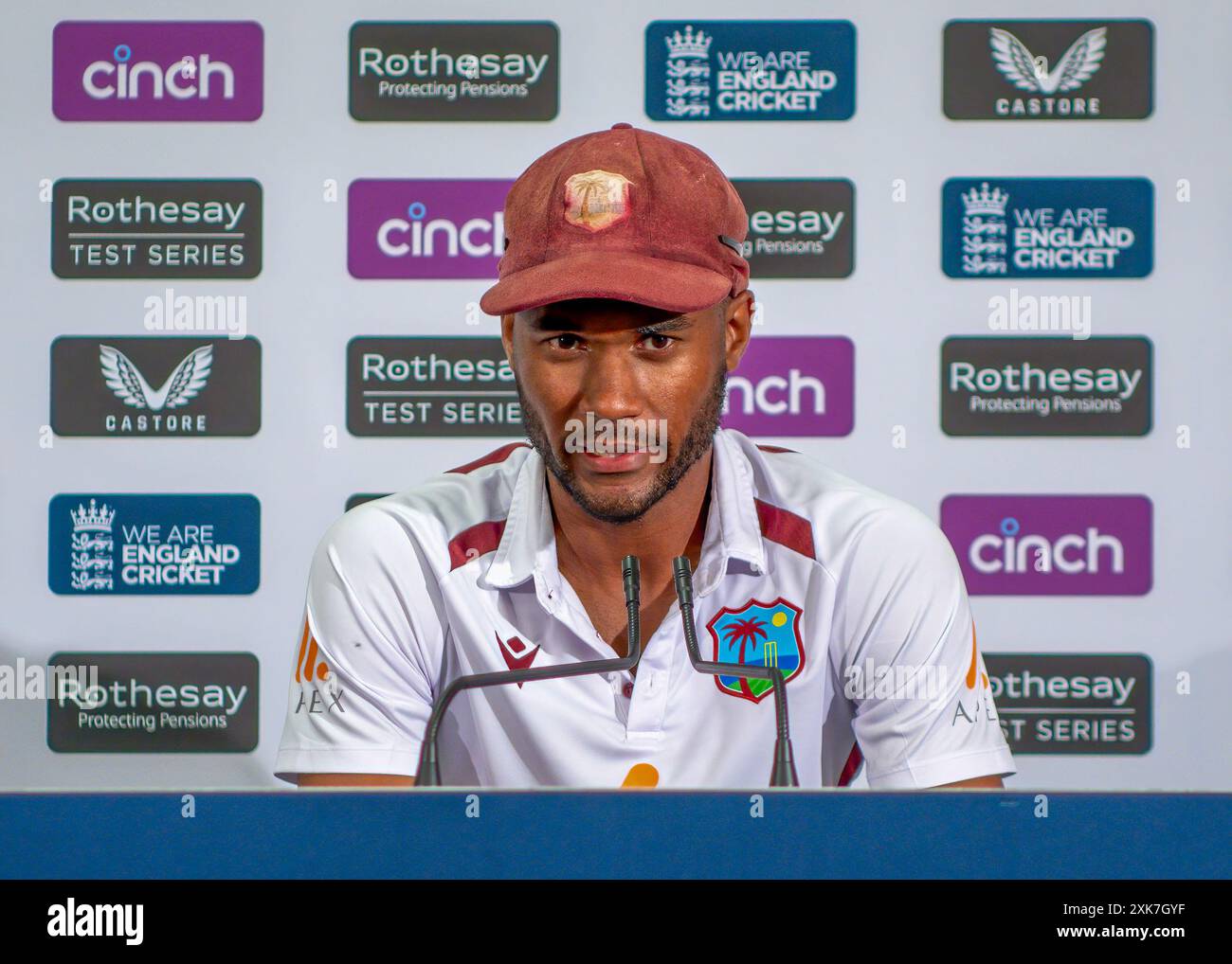 Nottingham, Royaume-Uni, Trent Bridge Cricket Ground. 18-22 juillet 2024. International Cricket test match - (Angleterre v West Indies Men) photo : Kraigg Braithwaite (Capitaine des West Indies) lors de la conférence de presse finale du match. Crédit : Mark Dunn/Alamy Live News Banque D'Images