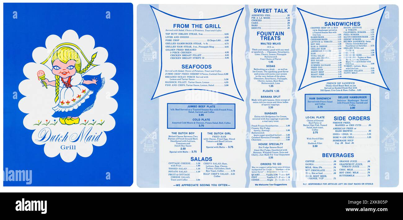 Artefact historique de la couverture et de l'intérieur Dutch Maid Grill and Dairy Store (1933-1991) menu énumérant les articles et les prix. Banque D'Images Artefact historique de la couverture et de l'intérieur Dutch Maid Grill and Dairy Store (1933-1991) menu énumérant les articles et les prix. Banque D'Images