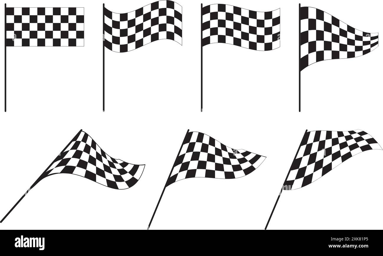 Ensemble de drapeaux de course ondulés avec imprimé noir et blanc à carreaux. Symboles de départ ou d'arrivée sur le motocross ou la compétition de voitures de sport. Accessoires de rallye. Victoire Illustration de Vecteur