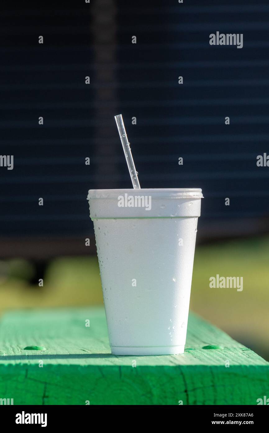 Un grand gobelet blanc à emporter non recyclable avec un couvercle en plastique et de la paille sur une table de patio vert vif. Le gobelet en polystyrène ou en styromousse est isolé Banque D'Images