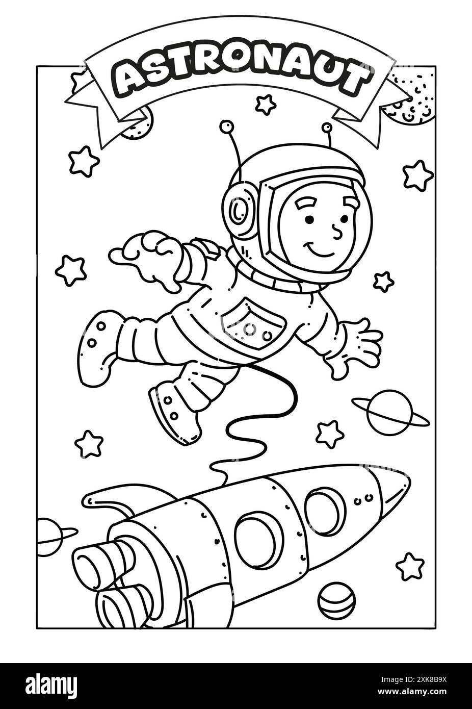 Professions Coloriage pages pour enfants. Coloriage astronaute noir et blanc, fiche d'activité. Banque D'Images