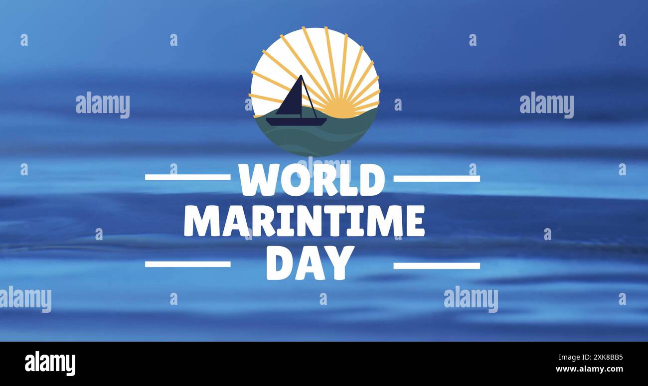 Image du texte de la journée maritime mondiale et voile avec le soleil sur fond d'eau Banque D'Images