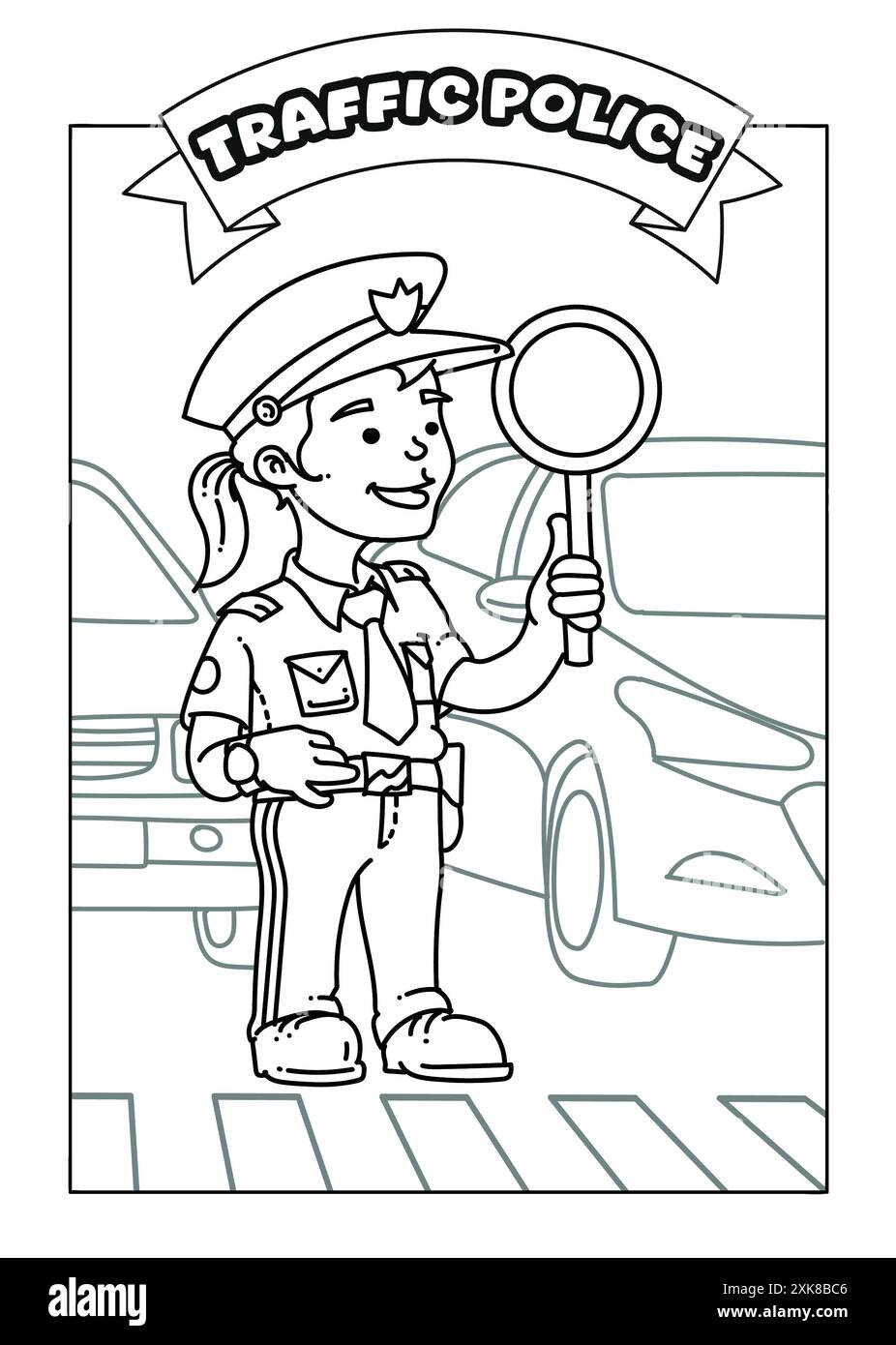 Coloriage noir et blanc d'une femme officier de la police de la circulation, dessiné avec une seule ligne continue. Parfait pour que les enfants apprennent les professions Banque D'Images