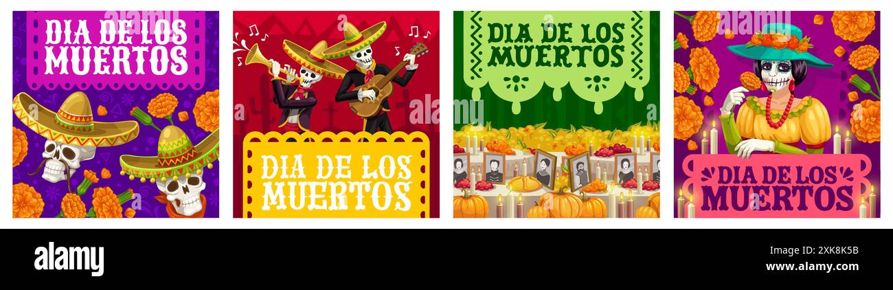 Jour mexicain de la fête des morts, bannières dia de los muertos. Modèles carrés d'écran d'histoire de médias sociaux vectoriels avec des personnages morts festifs Catrina, Illustration de Vecteur