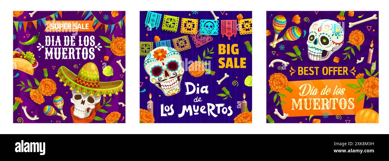Grandes bannières d'offre de vente, jour de la fête mexicaine morte. Dia de los Muertos crânes de sucre de bande dessinée avec sombrero, fleurs de souci et maracas. Vecteur s Illustration de Vecteur