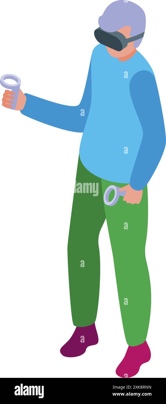 Senior Man est immergé dans une expérience de réalité virtuelle, en utilisant des lunettes et des contrôleurs vr Illustration de Vecteur