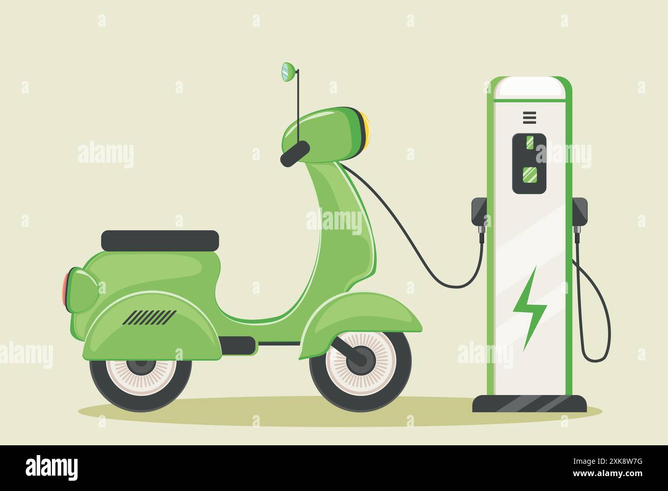 Illustration écologique du transport urbain. Scooter électrique de couleur verte chargé de la station de charge. Scooter vert de dessin animé, conce d'énergie alternative Illustration de Vecteur