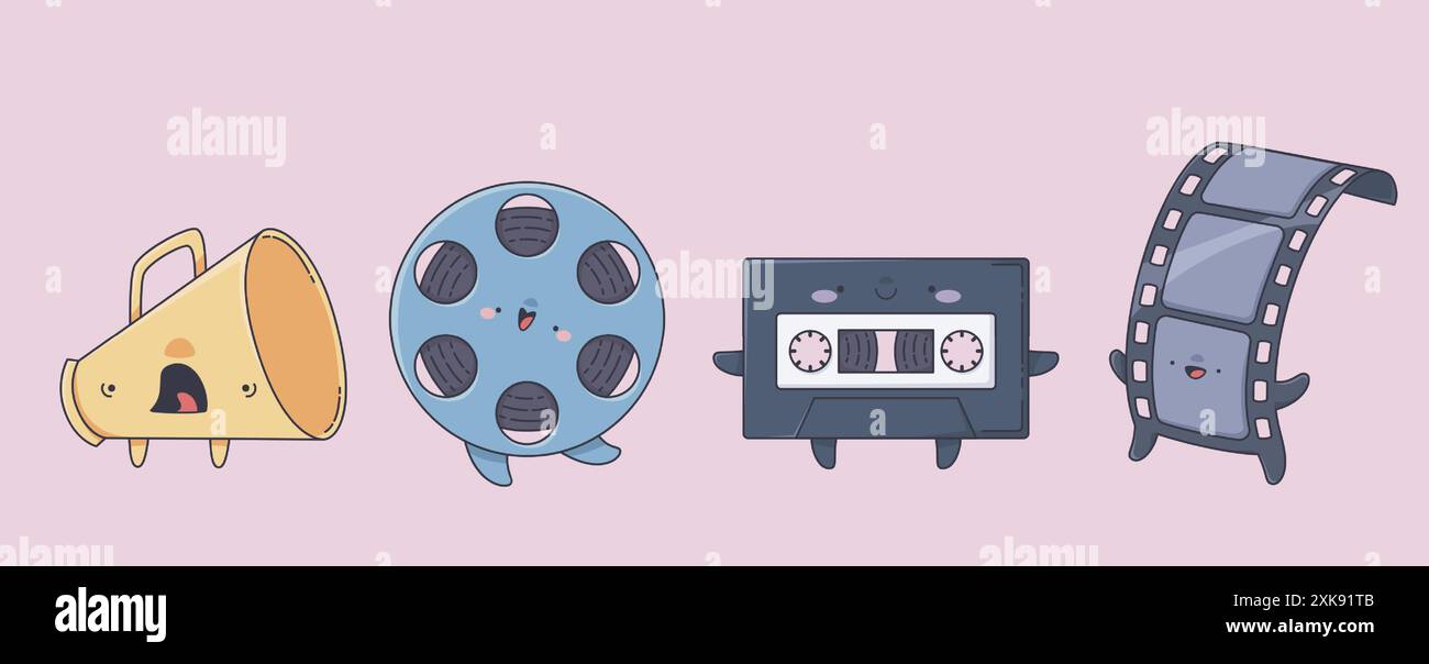 Personnage de film mignon. Icône de mascotte groovy Cinema. Comic film tape personnage et collection drôle d'objets cassette vintage des années 90 avec expression d'émotion. Rouleau d'humour abstrait avec conception d'enregistrement vidéo Illustration de Vecteur
