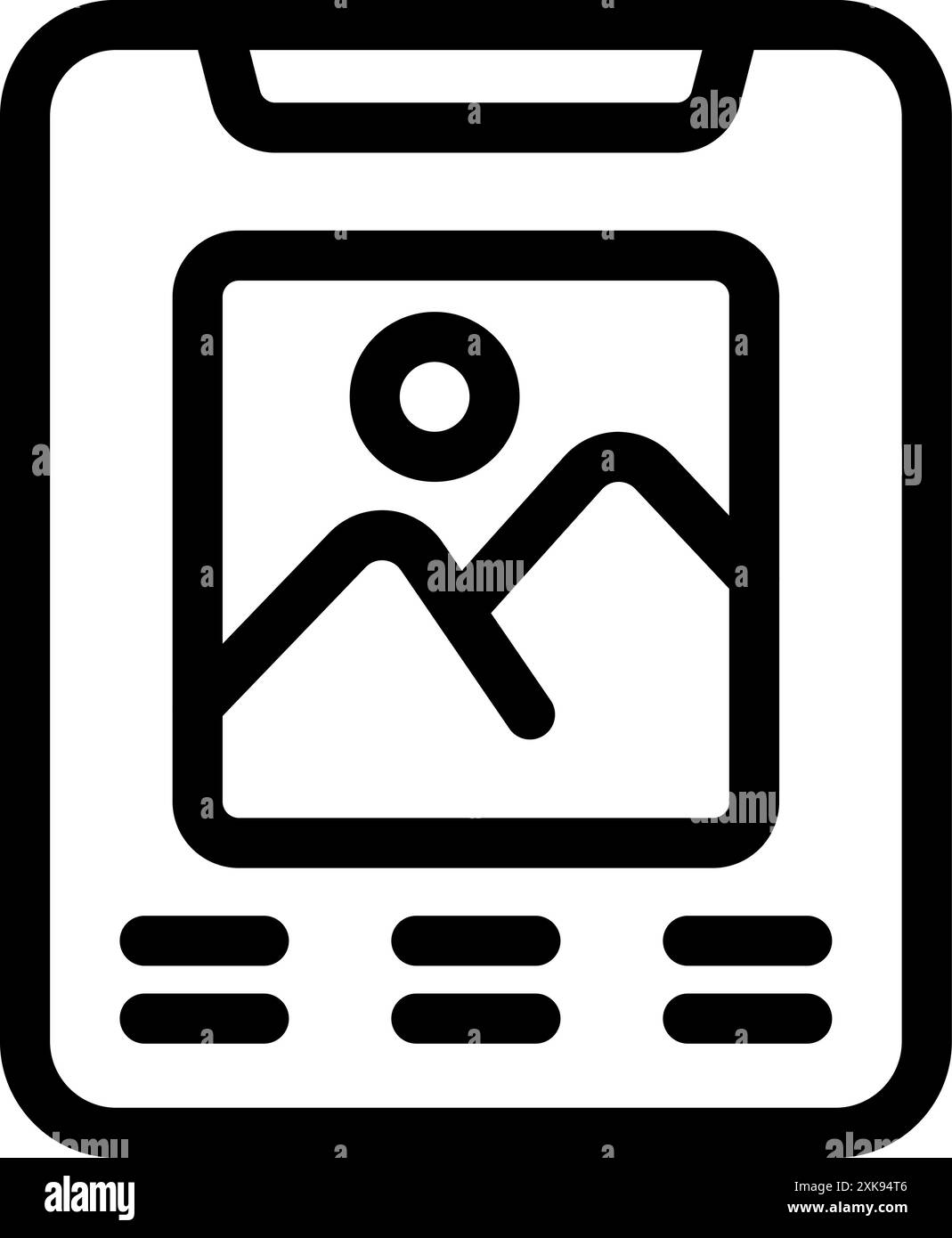 Icône simple en noir et blanc d'un smartphone affichant une photographie de paysage Illustration de Vecteur